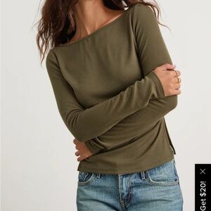 Lulus Mehara Olive Green Boat Neck Side Slit Longsleeve Top